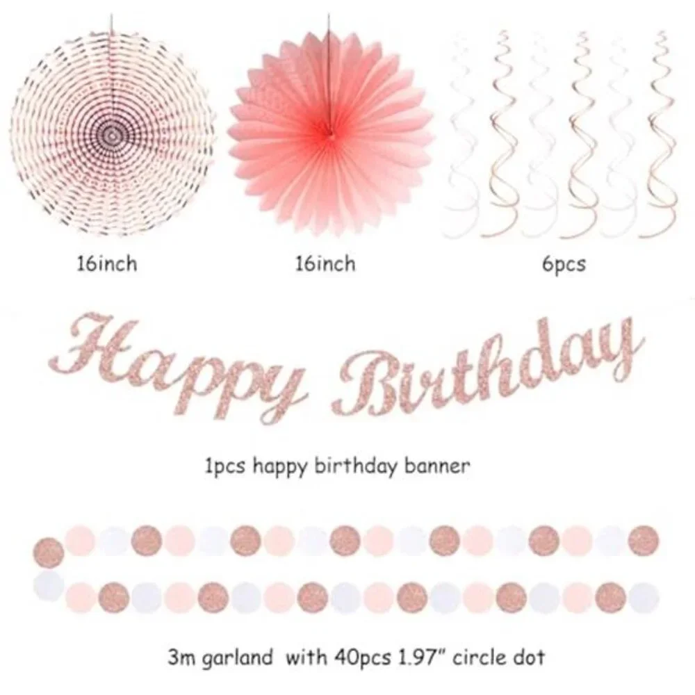 Pink White Rose Gold Birthday Party Decorations Banner Paper Lantern Pom Poms